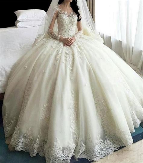 2019 Crystal Lace Ball Gown Wedding Dresses With Sheer Long Sleeve