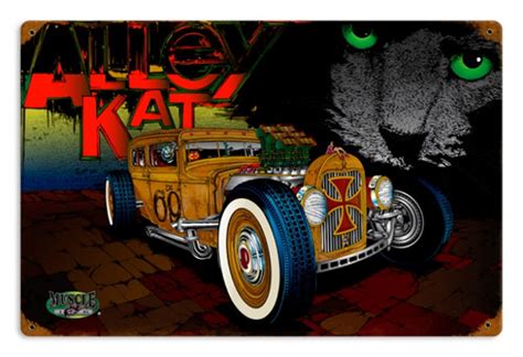 Vintage Rat Rod Alley Cat Pin Up Girl Metal Sign 18 X 12 Inches