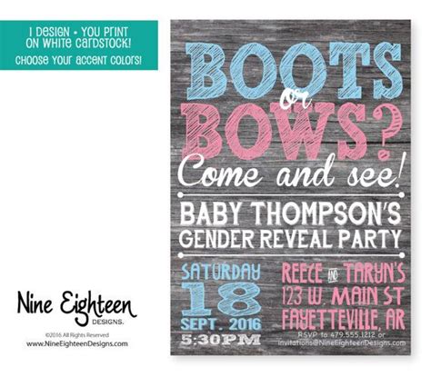 Gender Reveal Party Invitation Boots Or Bows Rustic Driftwood Look