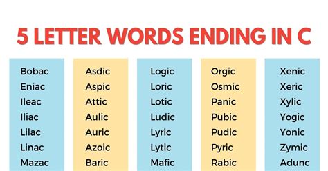 225 Popular Examples Of 5 Letter Words Ending In C In English 7esl