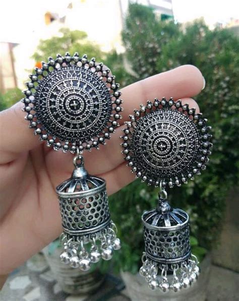 Silver Oxidized Mirror Pair Earrings Indian Women Wear Etsy