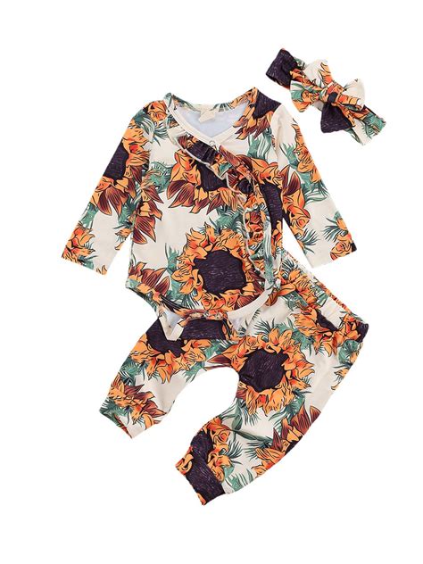 Newborn Baby Girls 3 Piece Outfit Set Long Sleeve Floral Print Romper