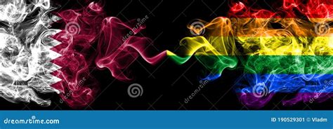 Qatar Vs Gay Pride Smoky Mystic Flags Placed Side By Side Thick Colored Silky Abstract Smoke
