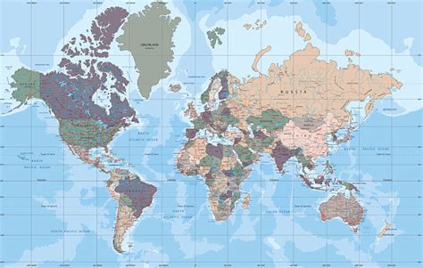 Political World Map In Mercator Projection Stock