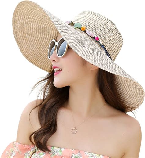 Lanzom Womens 55 Inches Wide Brim Straw Hat Floppy Foldable Roll Up