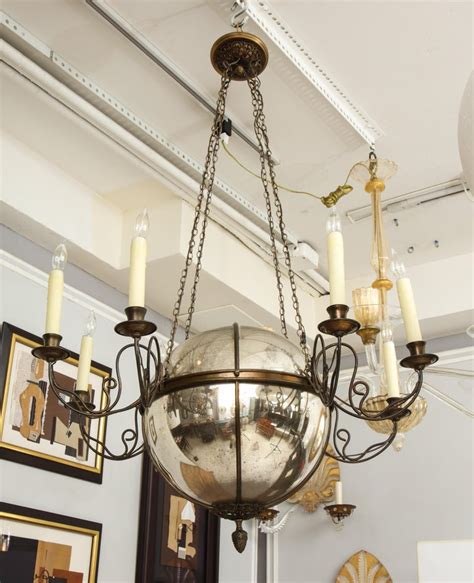 Unusual Antique Eight Light Brass And Mercury Glass Chandelier