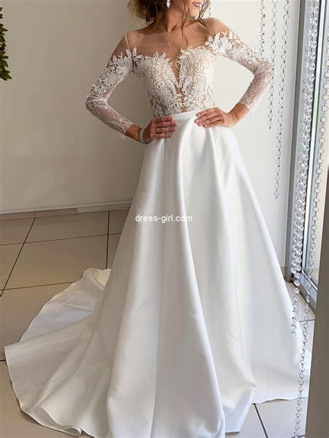 Elegant A Line Scoop Neck Long Sleeve White Satin Lace Wedding Dressessimple Bride Dresses