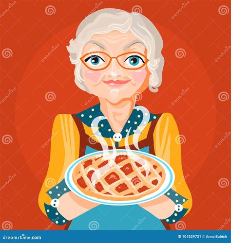Grandmother Grandma In A Orange Dress And Glasses With Cooked Fresh Baked Pie Stock Vector