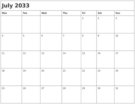 July 2033 Month Calendar