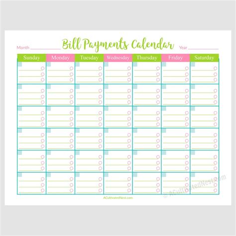 Monthly Bill Pay Calendar Printable Example Calendar Printable