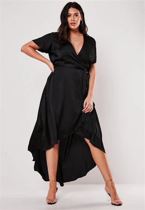 Plus Size Black Satin Wrap Maxi Dress Missguided Evening Dresses