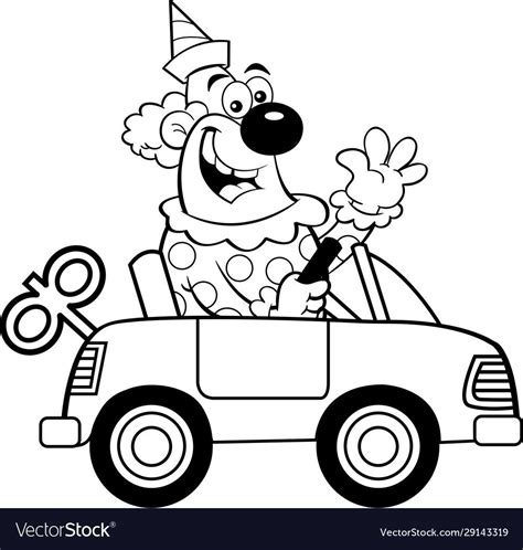 Black And White Illustration Of A Happy Clown Driving A Toy Car While