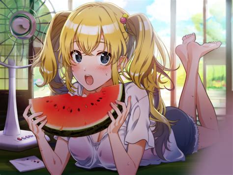 Barefoot Twintails Blonde Blush Black Eyes Food Fruit Summer Watermelons Anime Anime