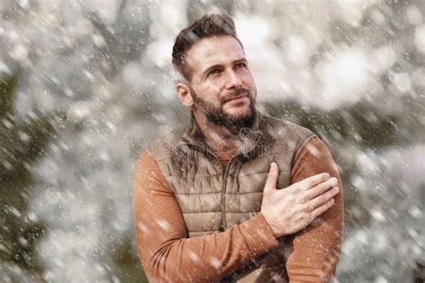 Handsome Man Standing Outside While Snowing Fall Stock Image Image Of
