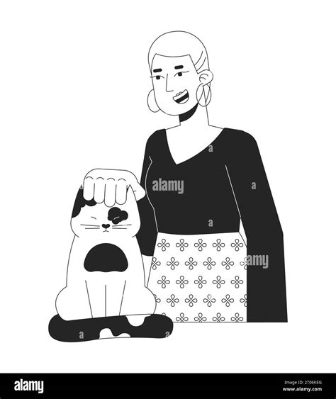 Short Haired Caucasian Woman Petting Cat Head Black And White 2d Line