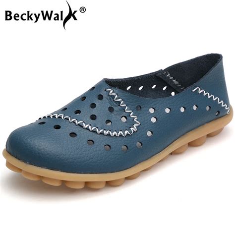 Beckywalk Breathable Summer Women Flats Shoes Women Genuine Leather