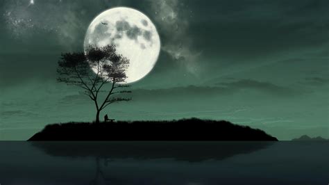 Wallpaper Island Night Moon Silhouette Loneliness Art Hd