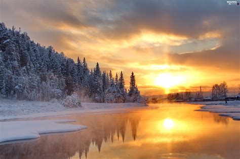 Winter River Snow Sunrise Beautiful Views Wallpapers