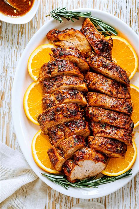 Bake at 425° for 25 minutes or until a meat thermometer inserted into thickest portion registers 155°. Juicy and Tender Pork Tenderloin Roast Recipe - Roasted ...