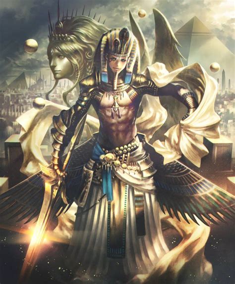 the egyptian god is holding his hands up to his chest and standing in front of an image