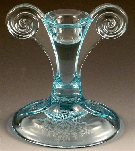 Remember Summer June Azure Blue Scroll Candle Holder Art Deco Fostoria Glass Antique Glass