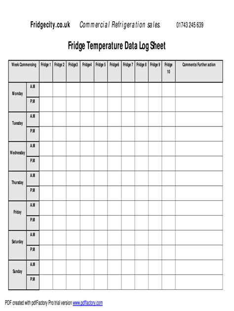Temperature Log Daily Refrigerator Instant Download Printable