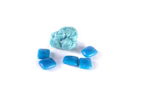 Whole Pieces And Chewed Blue Bubble Gum Isolated Over White Stock Image