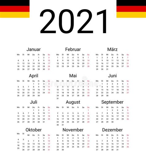 Germany 2021 Calendar Vector Design Template Start From Monday All