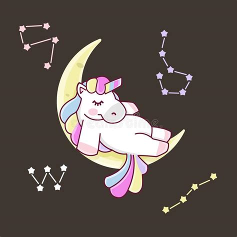 Cute Sleepy Unicorn Sitting On The Moon Vector Illustration Can Be