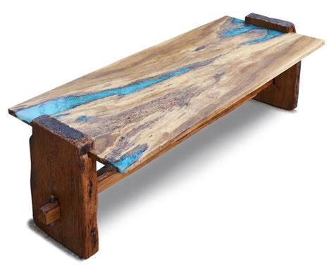 Custom Made Live Edge Rustic Oak With Turquoise Inlay Coffee Table Live
