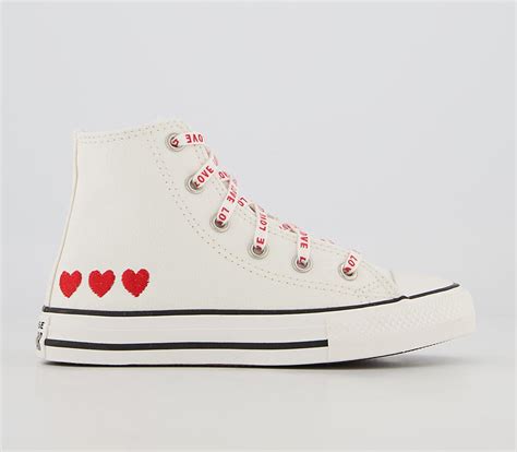 Converse All Star Hi Youth Trainers Vintage White University Red Black Heart Unisex
