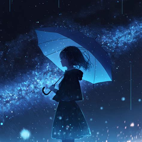 Download Wallpaper 1280x1280 Girl Umbrella Rain Anime Blue Ipad