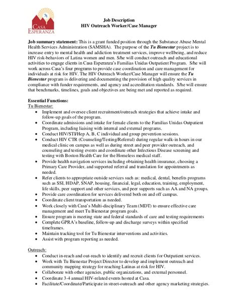 Casa Esperanza Inc Hiv Outreach Case Manager Job Description