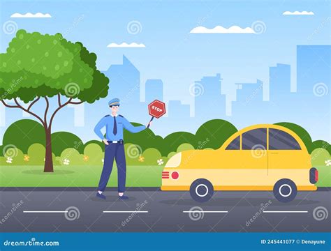 Police Officer Stopping Car Vector Illustration Of With Standing And