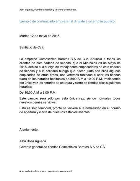 Ejemplo De Comunicado Empresarial Dirigido A Un Amplio Público