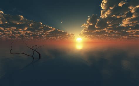 Water Sunset Ocean Clouds Sun Calm Oceans Digital Art Reflections