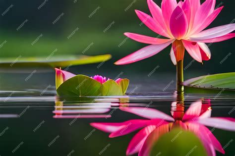 Premium Ai Image Pink Lotus Flower Floating In A Pond With Reflection