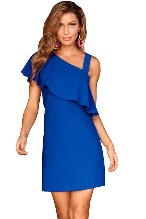Royal Blue One Shoulder Ruffle Elegant Mini Dress Lc220400blue 1099 Cheap Colored