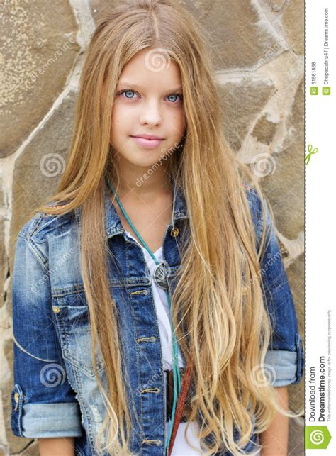 Portrait Of Blonde Girl With Long Hair Stock Photo Image