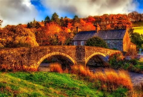 Autumn Trees Bridge And House In Wales