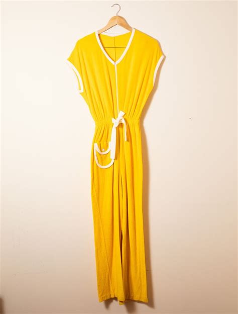 Bold Yellow 70s Terry Cloth Beach Jumpsuit Zip Cover Up Etsy Super Cute Dresses Terry Cloth