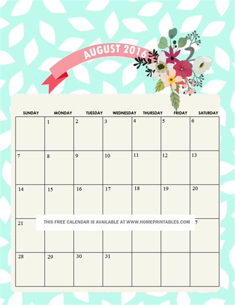 Get Your Free Printable August 2016 Calendar Home Printables