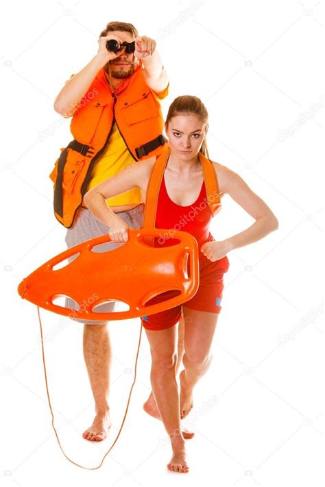 Lifeguards In Life Vest With Rescue Buoy Running — Stock Photo