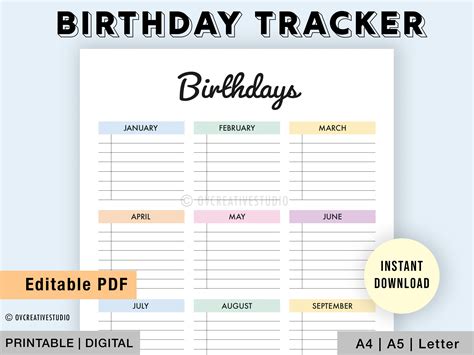 Editable Birthday Tracker Printable Birthday List Birthday Etsy