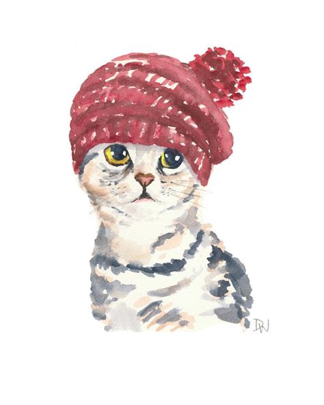 Cat Watercolor Original Painting Knit Hat Silver Tabby Cat