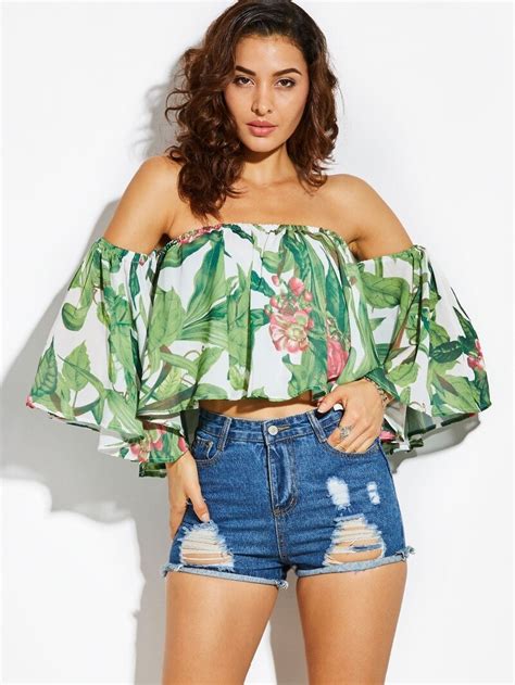 Floral Chiffon Tops Women Slash Neck Backless Off Shoulder Short Crop Boho Tops Green Loose