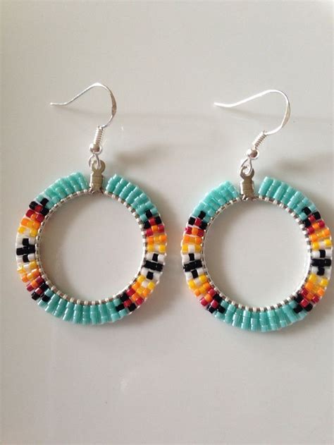 Native American Beaded Hoop Earrings Turquoise Inch Sterling