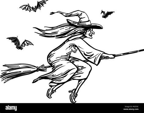 Witch Flying On Broomstick Halloween Sketch Vector Illustration Stock