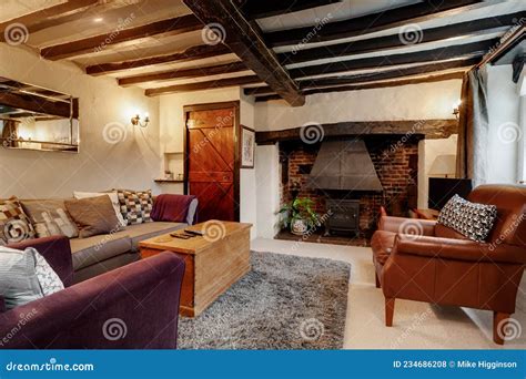 Traditional English Cottage Lounge With Exposed Beams Editorial Stock