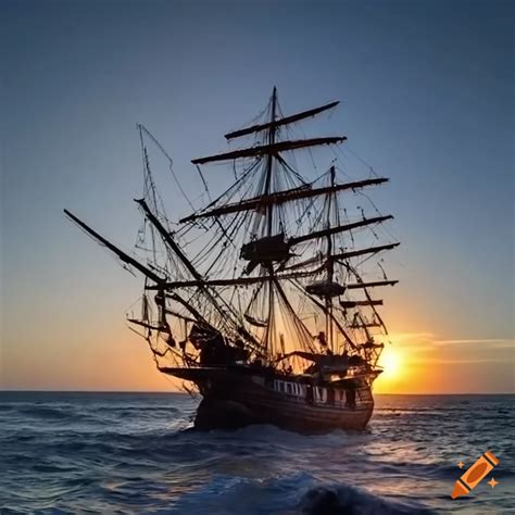 Historic Pirate Ship Tempest Gale Sailing At Sunset With Waves